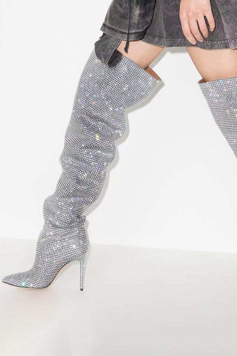 Laden Sie das Bild in den Galerie-Viewer, Glitzernde Silberne Strass- Stilettos über dem Knie Abschlussballstiefel