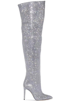 Glitzernde Silberne Strass- Stilettos über dem Knie Abschlussballstiefel