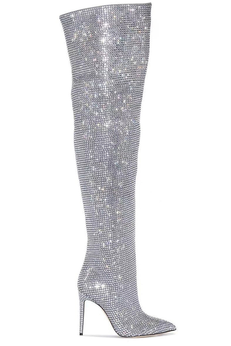 Laden Sie das Bild in den Galerie-Viewer, Glitzernde Silberne Strass- Stilettos über dem Knie Abschlussballstiefel
