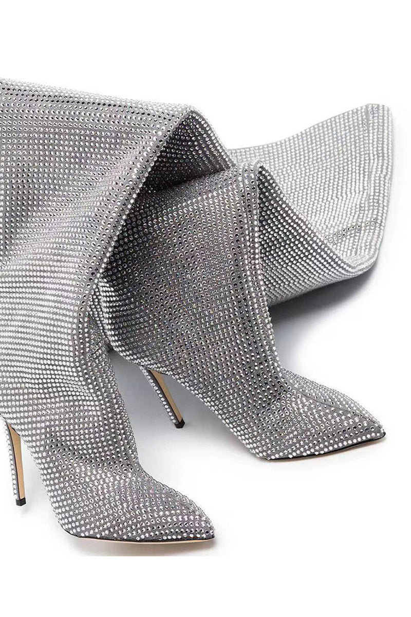 Laden Sie das Bild in den Galerie-Viewer, Glitzernde Silberne Strass- Stilettos über dem Knie Abschlussballstiefel
