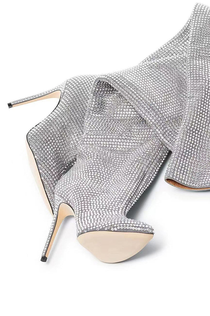 Laden Sie das Bild in den Galerie-Viewer, Glitzernde Silberne Strass- Stilettos über dem Knie Abschlussballstiefel