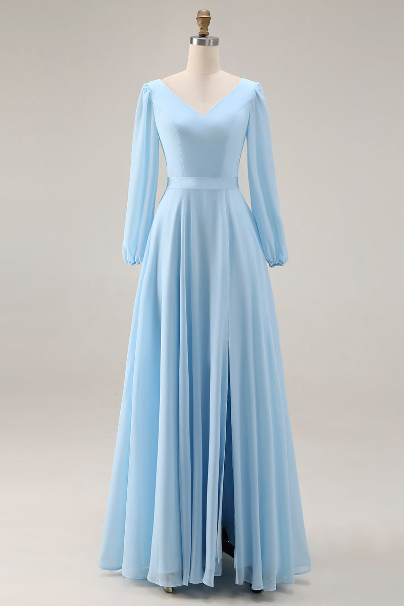 Laden Sie das Bild in den Galerie-Viewer, Himmelblaues Chiffon A-Linie V-Ausschnitt Langes Hochzeitsgastkleid mit Schlitz