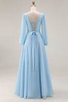 Laden Sie das Bild in den Galerie-Viewer, Himmelblaues Chiffon A-Linie V-Ausschnitt Langes Hochzeitsgastkleid mit Schlitz