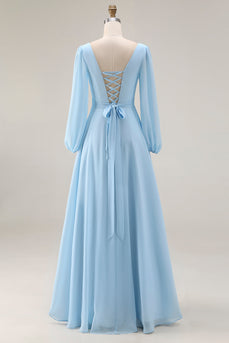 Himmelblaues Chiffon A-Linie V-Ausschnitt Langes Hochzeitsgastkleid mit Schlitz
