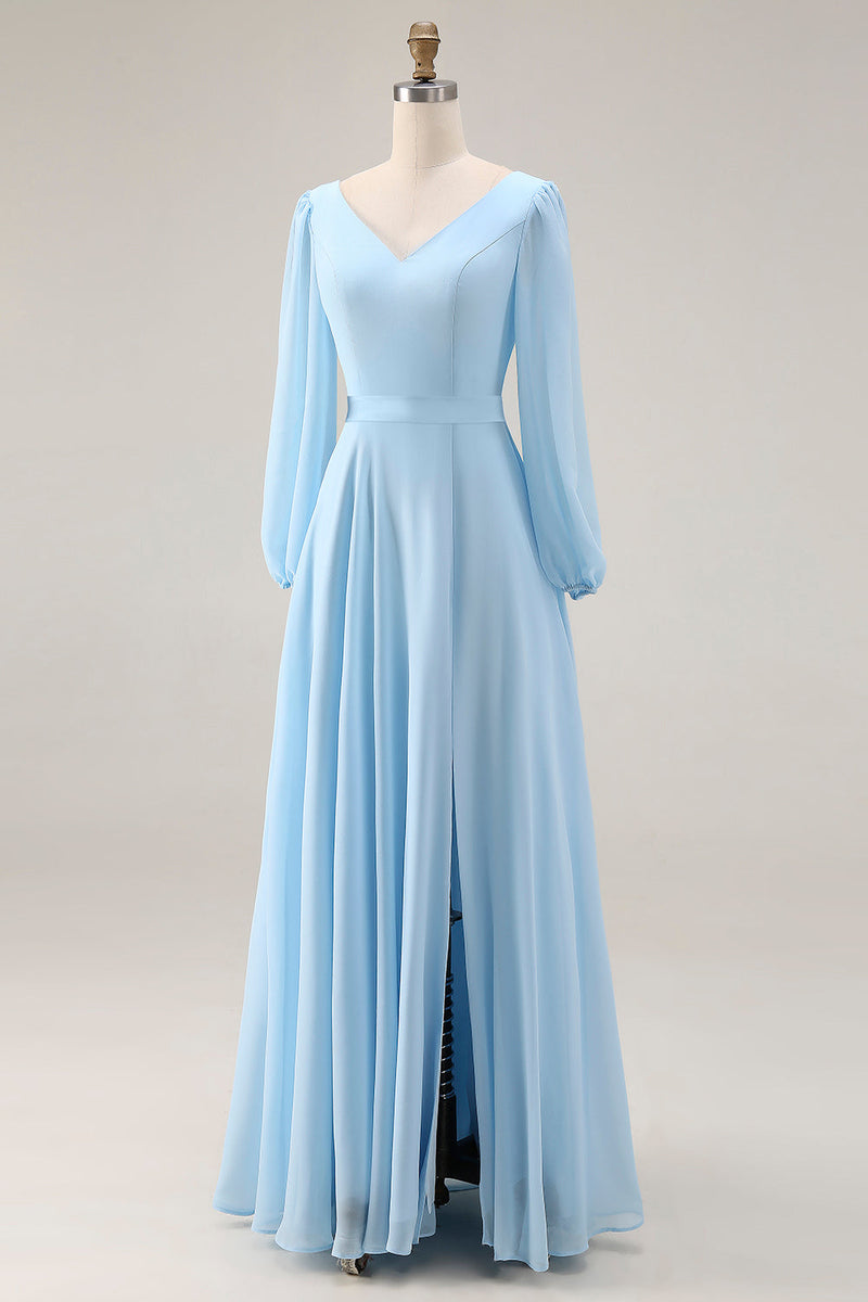 Laden Sie das Bild in den Galerie-Viewer, Himmelblaues Chiffon A-Linie V-Ausschnitt Langes Hochzeitsgastkleid mit Schlitz