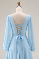 Laden Sie das Bild in den Galerie-Viewer, Himmelblaues Chiffon A-Linie V-Ausschnitt Langes Hochzeitsgastkleid mit Schlitz