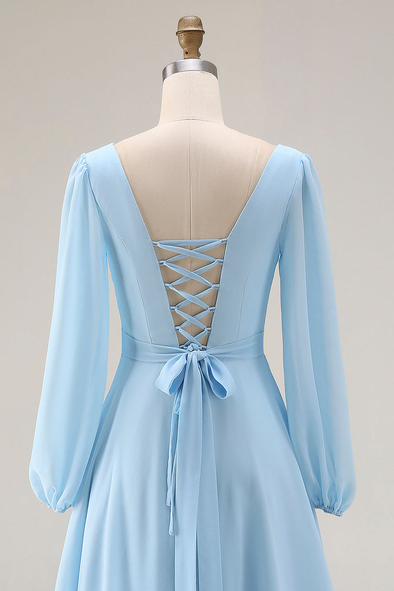 Laden Sie das Bild in den Galerie-Viewer, Himmelblaues Chiffon A-Linie V-Ausschnitt Langes Hochzeitsgastkleid mit Schlitz