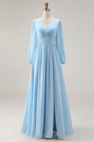 Laden Sie das Bild in den Galerie-Viewer, Himmelblaues Gerafftes A-Linie V-Ausschnitt Langarmiges Hochzeitsgastkleid mit Schlitz