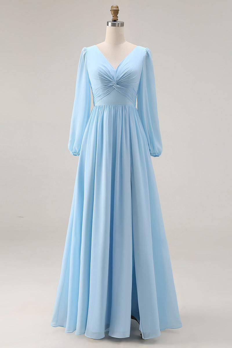 Laden Sie das Bild in den Galerie-Viewer, Himmelblaues Gerafftes A-Linie V-Ausschnitt Langarmiges Hochzeitsgastkleid mit Schlitz