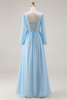 Himmelblaues Gerafftes A-Linie V-Ausschnitt Langarmiges Hochzeitsgastkleid mit Schlitz