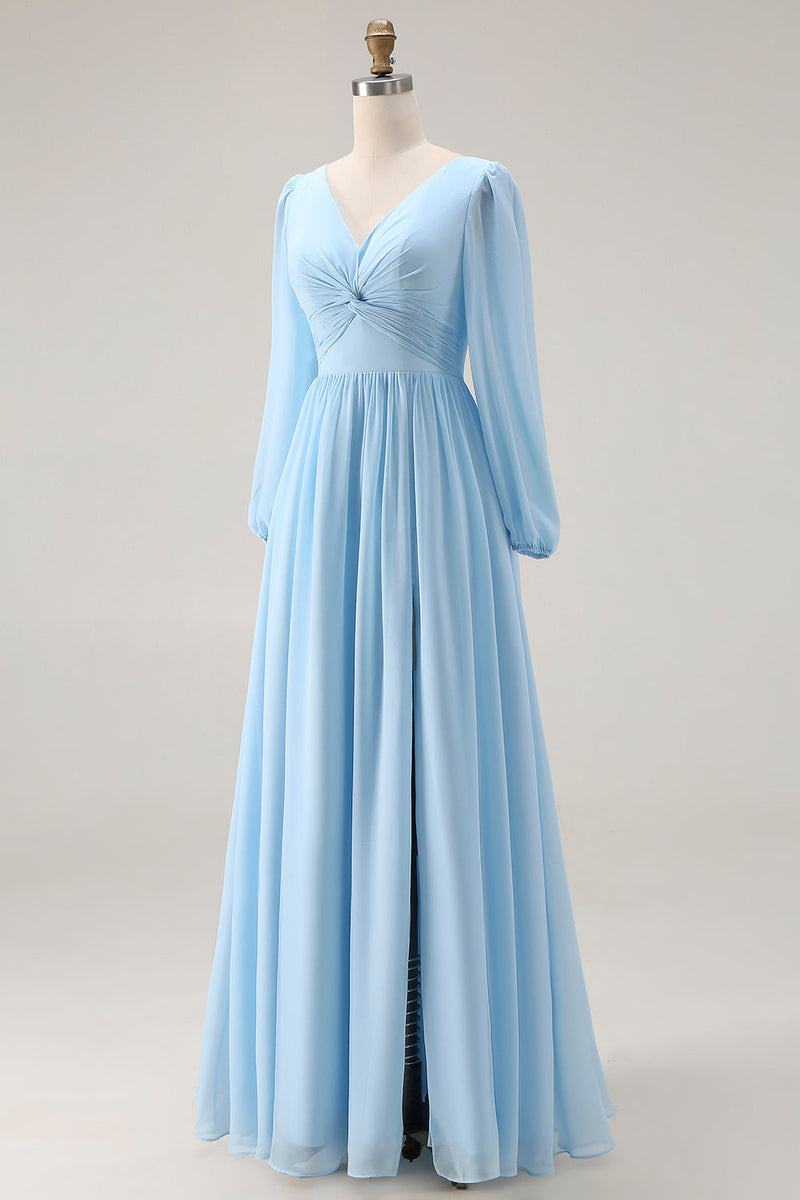Laden Sie das Bild in den Galerie-Viewer, Himmelblaues Gerafftes A-Linie V-Ausschnitt Langarmiges Hochzeitsgastkleid mit Schlitz