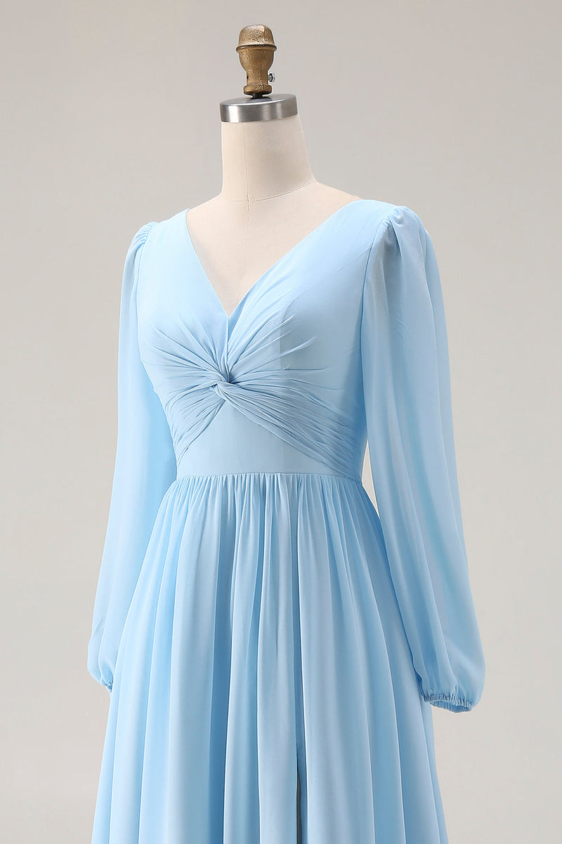 Laden Sie das Bild in den Galerie-Viewer, Himmelblaues Gerafftes A-Linie V-Ausschnitt Langarmiges Hochzeitsgastkleid mit Schlitz