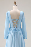 Laden Sie das Bild in den Galerie-Viewer, Himmelblaues Gerafftes A-Linie V-Ausschnitt Langarmiges Hochzeitsgastkleid mit Schlitz