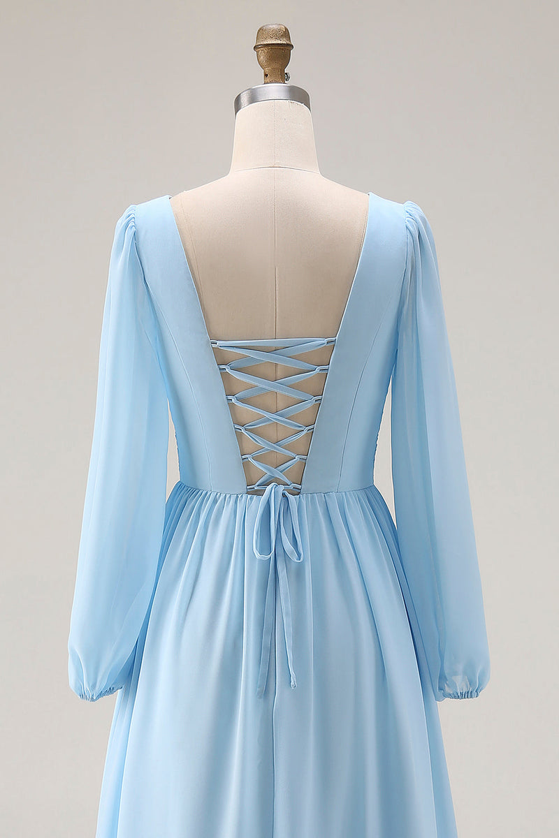 Laden Sie das Bild in den Galerie-Viewer, Himmelblaues Gerafftes A-Linie V-Ausschnitt Langarmiges Hochzeitsgastkleid mit Schlitz