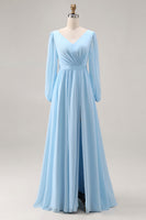 Laden Sie das Bild in den Galerie-Viewer, Himmelblaues Langarm V-Ausschnitt Gerafftes Hochzeitsgast Kleid mit Schlitz