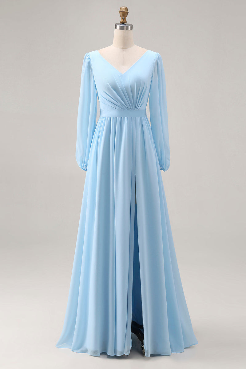 Laden Sie das Bild in den Galerie-Viewer, Himmelblaues Langarm V-Ausschnitt Gerafftes Hochzeitsgast Kleid mit Schlitz