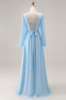Laden Sie das Bild in den Galerie-Viewer, Himmelblaues Langarm V-Ausschnitt Gerafftes Hochzeitsgast Kleid mit Schlitz