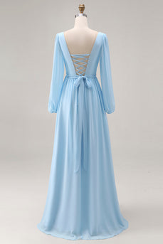 Himmelblaues Langarm V-Ausschnitt Gerafftes Hochzeitsgast Kleid mit Schlitz