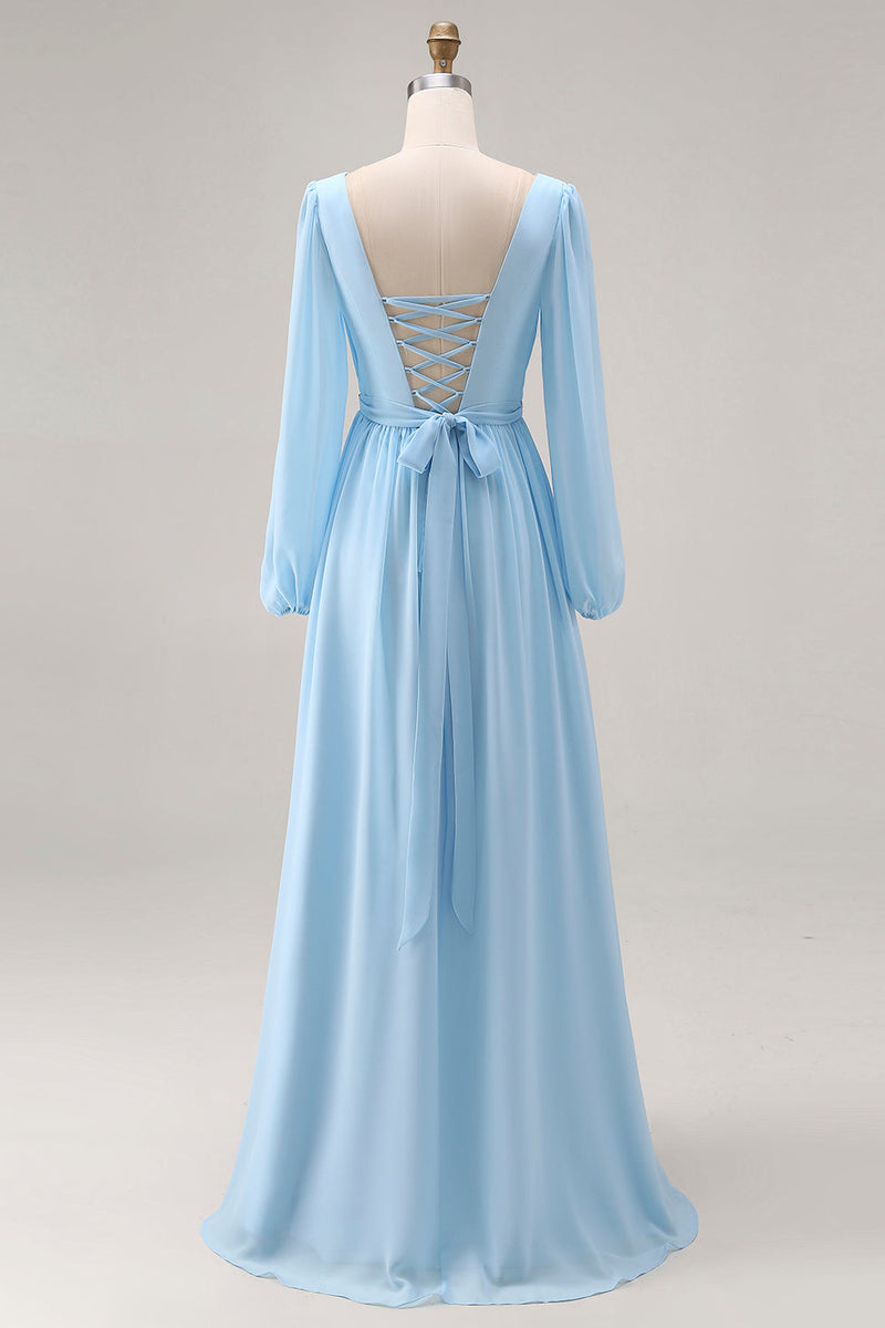 Laden Sie das Bild in den Galerie-Viewer, Himmelblaues Langarm V-Ausschnitt Gerafftes Hochzeitsgast Kleid mit Schlitz