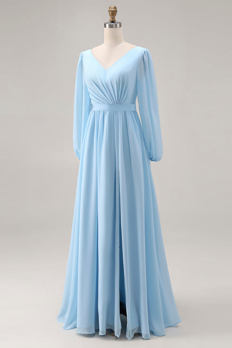 Laden Sie das Bild in den Galerie-Viewer, Himmelblaues Langarm V-Ausschnitt Gerafftes Hochzeitsgast Kleid mit Schlitz