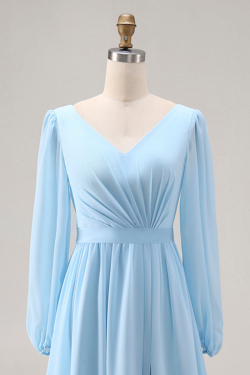 Laden Sie das Bild in den Galerie-Viewer, Himmelblaues Langarm V-Ausschnitt Gerafftes Hochzeitsgast Kleid mit Schlitz