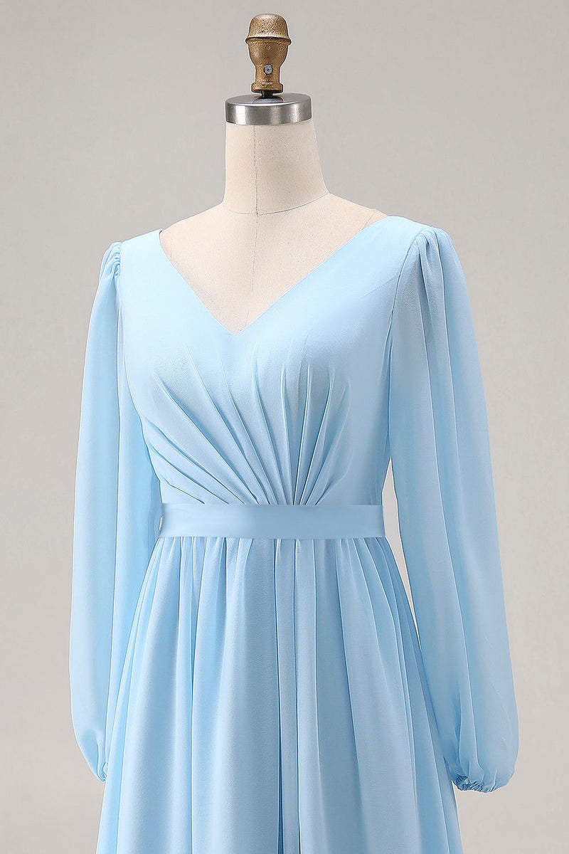 Laden Sie das Bild in den Galerie-Viewer, Himmelblaues Langarm V-Ausschnitt Gerafftes Hochzeitsgast Kleid mit Schlitz