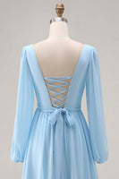 Laden Sie das Bild in den Galerie-Viewer, Himmelblaues Langarm V-Ausschnitt Gerafftes Hochzeitsgast Kleid mit Schlitz