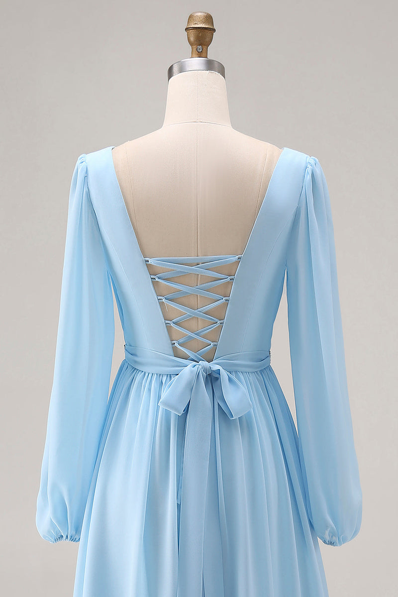 Laden Sie das Bild in den Galerie-Viewer, Himmelblaues Langarm V-Ausschnitt Gerafftes Hochzeitsgast Kleid mit Schlitz