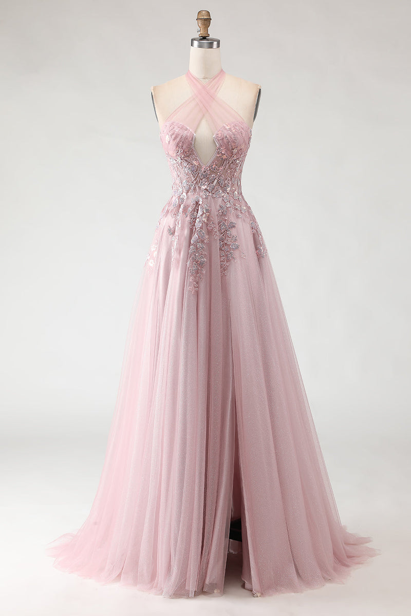 Laden Sie das Bild in den Galerie-Viewer, Blush Rosa Neckholder Korsett Appliziertes A-Linie Langes Ballkleid mit Schlitz