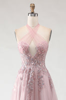 Laden Sie das Bild in den Galerie-Viewer, Blush Rosa Neckholder Korsett Appliziertes A-Linie Langes Ballkleid mit Schlitz