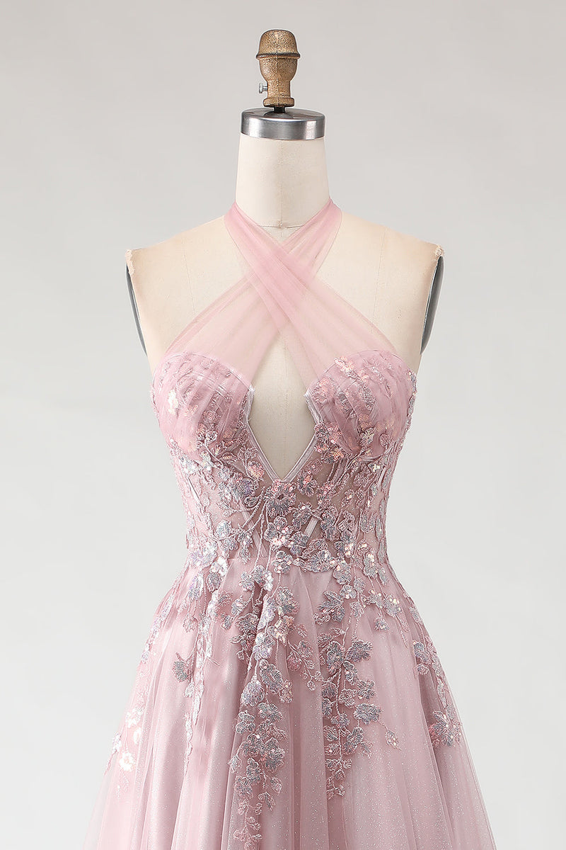 Laden Sie das Bild in den Galerie-Viewer, Blush Rosa Neckholder Korsett Appliziertes A-Linie Langes Ballkleid mit Schlitz