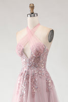 Laden Sie das Bild in den Galerie-Viewer, Blush Rosa Neckholder Korsett Appliziertes A-Linie Langes Ballkleid mit Schlitz