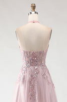 Laden Sie das Bild in den Galerie-Viewer, Blush Rosa Neckholder Korsett Appliziertes A-Linie Langes Ballkleid mit Schlitz