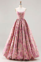 Laden Sie das Bild in den Galerie-Viewer, Trägerloses Rosa Jacquard Korsett Prinzessinnen Blumen Langes Ballkleid mit Schnürung hinten