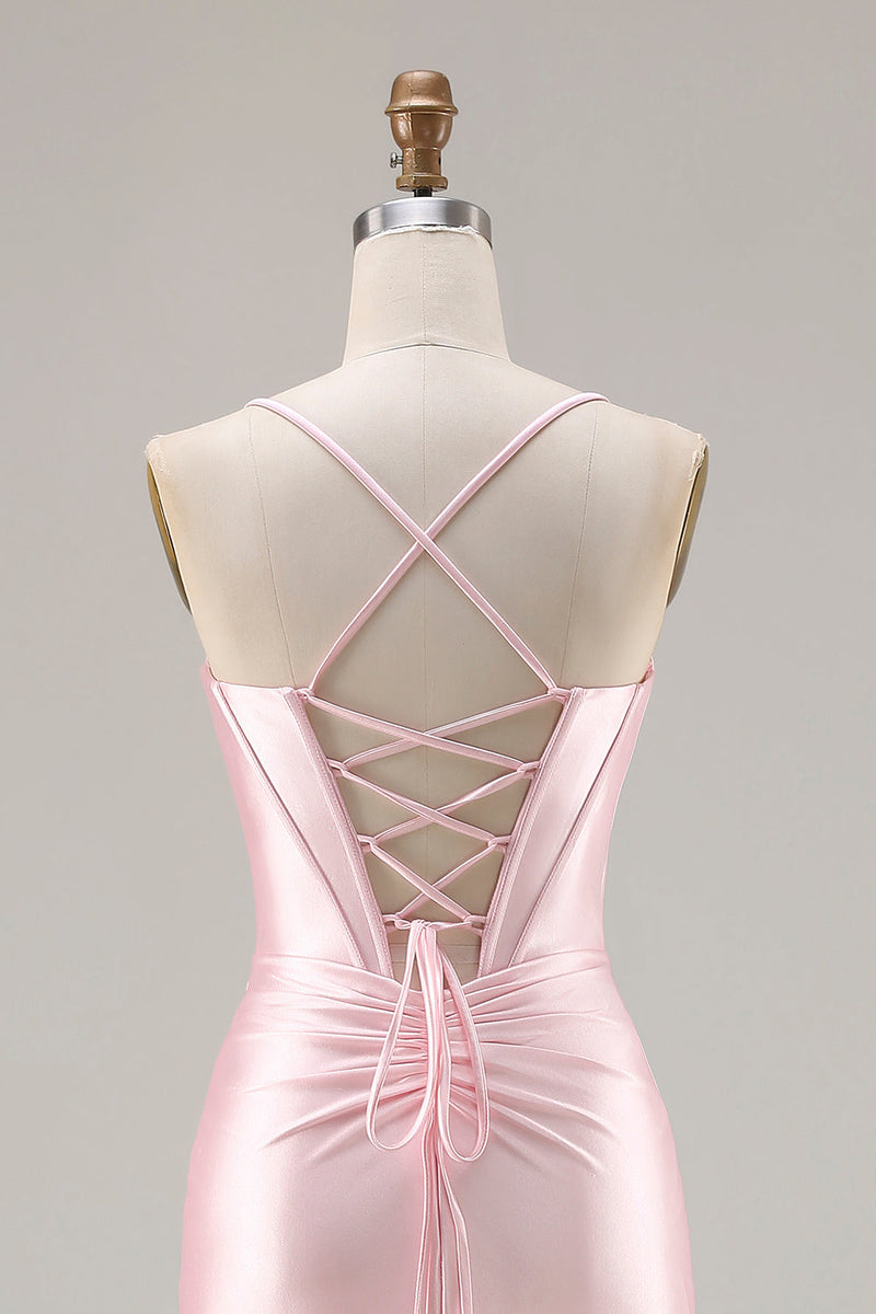 Laden Sie das Bild in den Galerie-Viewer, Rosa Meerjungfrauen Korsett Schnürung hinten Langes Ballkleid mit Schlitz