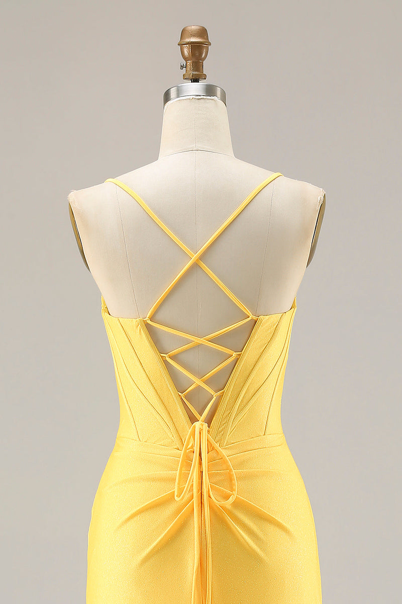 Laden Sie das Bild in den Galerie-Viewer, Glitzergelbes Meerjungfrauen Korsett Langes Ballkleid mit Schlitz