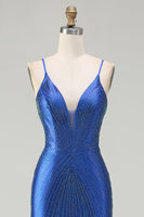 Laden Sie das Bild in den Galerie-Viewer, Königsblaues Meerjungfrauen Strasssteinen Satin Langes Ballkleid mit Schlitz