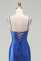 Laden Sie das Bild in den Galerie-Viewer, Königsblaues Meerjungfrauen Strasssteinen Satin Langes Ballkleid mit Schlitz