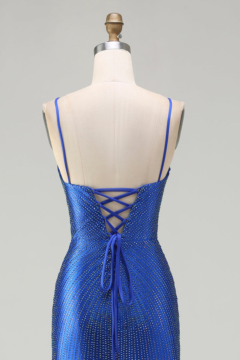 Laden Sie das Bild in den Galerie-Viewer, Königsblaues Meerjungfrauen Strasssteinen Satin Langes Ballkleid mit Schlitz