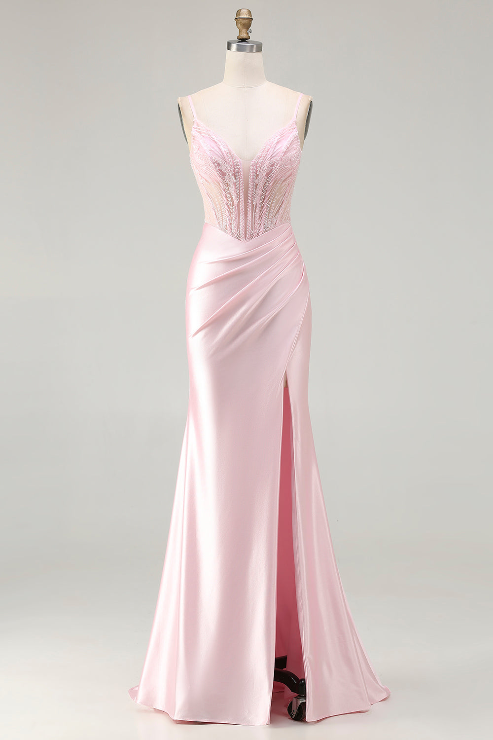 Rosa Meerjungfrauen Korsett Gerafftes Langes Ballkleid mit Schlitz