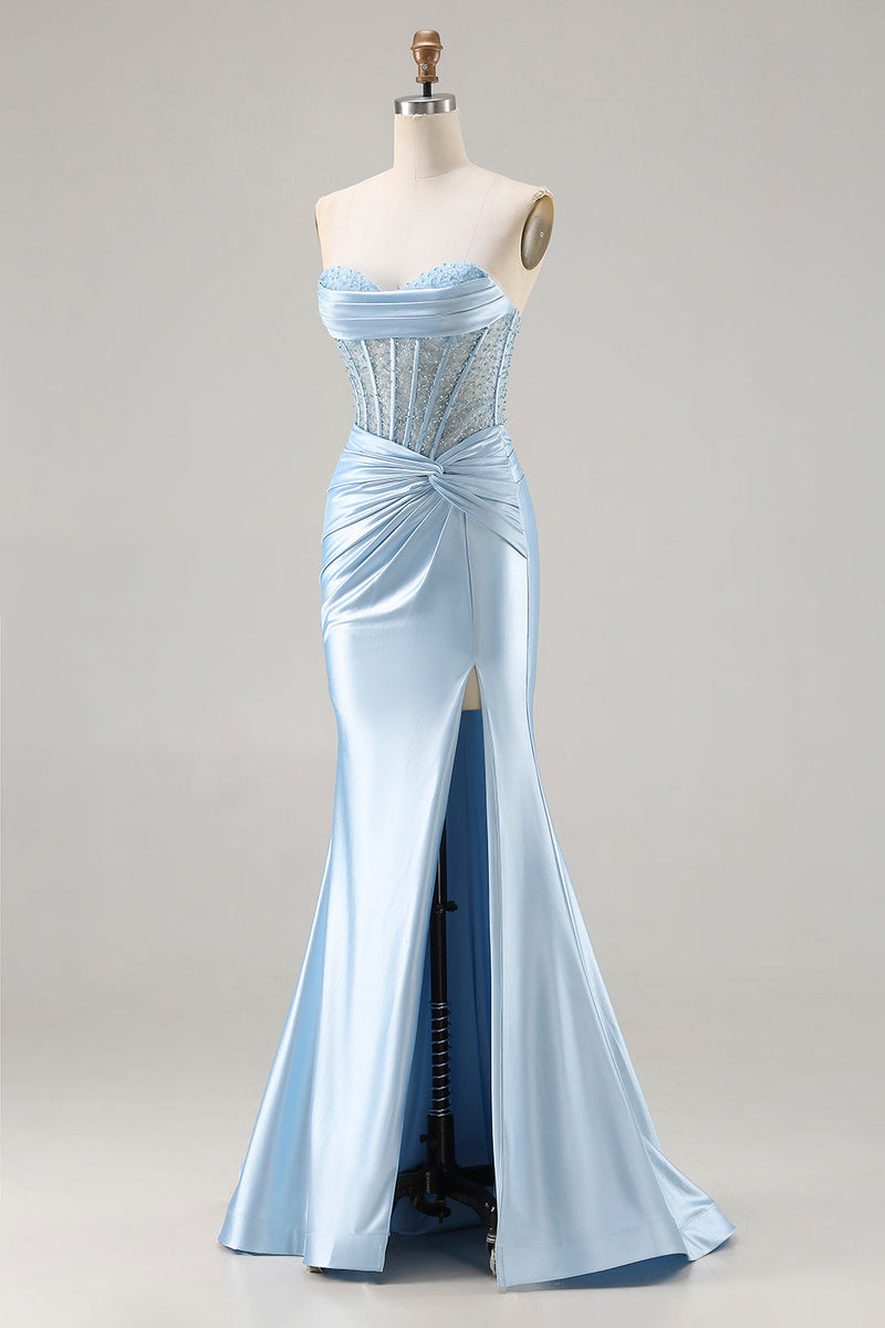 Laden Sie das Bild in den Galerie-Viewer, Trägerloses Meerjungfrauen Himmelblaues Korsett Langes Ballkleid mit Perlen und Schlitz