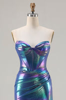 Laden Sie das Bild in den Galerie-Viewer, Metallisches Marineblaues Meerjungfrauen Korsett Langes Ballkleid mit Schlitz