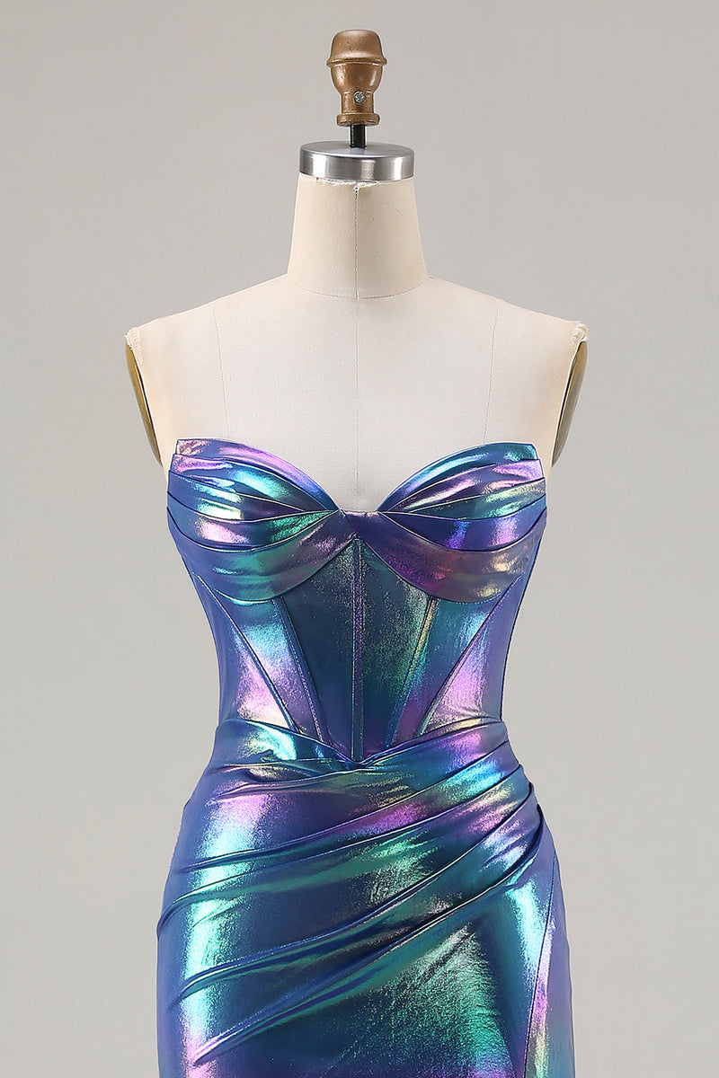 Laden Sie das Bild in den Galerie-Viewer, Metallisches Marineblaues Meerjungfrauen Korsett Langes Ballkleid mit Schlitz