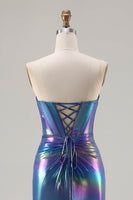 Laden Sie das Bild in den Galerie-Viewer, Metallisches Marineblaues Meerjungfrauen Korsett Langes Ballkleid mit Schlitz