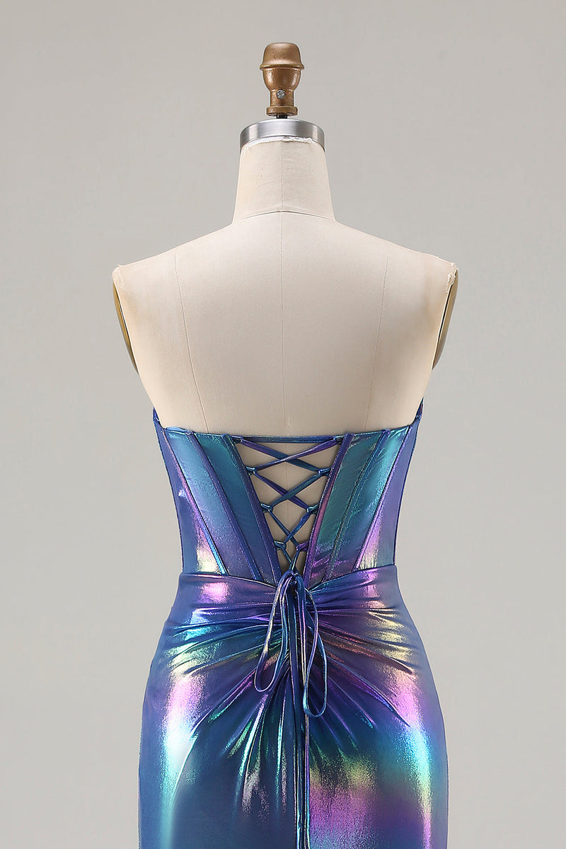 Laden Sie das Bild in den Galerie-Viewer, Metallisches Marineblaues Meerjungfrauen Korsett Langes Ballkleid mit Schlitz