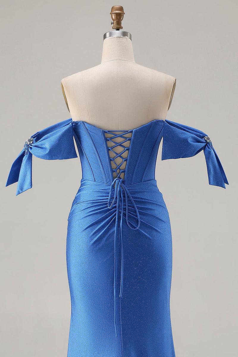 Laden Sie das Bild in den Galerie-Viewer, Schulterfreies Königsblaues Meerjungfrauen Korsett Satin Langes Ballkleid mit Schlitz