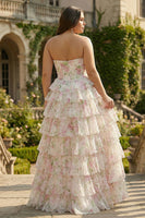 Laden Sie das Bild in den Galerie-Viewer, Rosa Blumen Herzausschnitt Korsett A-Linie Stufen Plus Size Langes Ballkleid mit Schlitz
