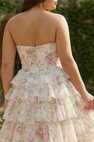 Laden Sie das Bild in den Galerie-Viewer, Rosa Blumen Herzausschnitt Korsett A-Linie Stufen Plus Size Langes Ballkleid mit Schlitz