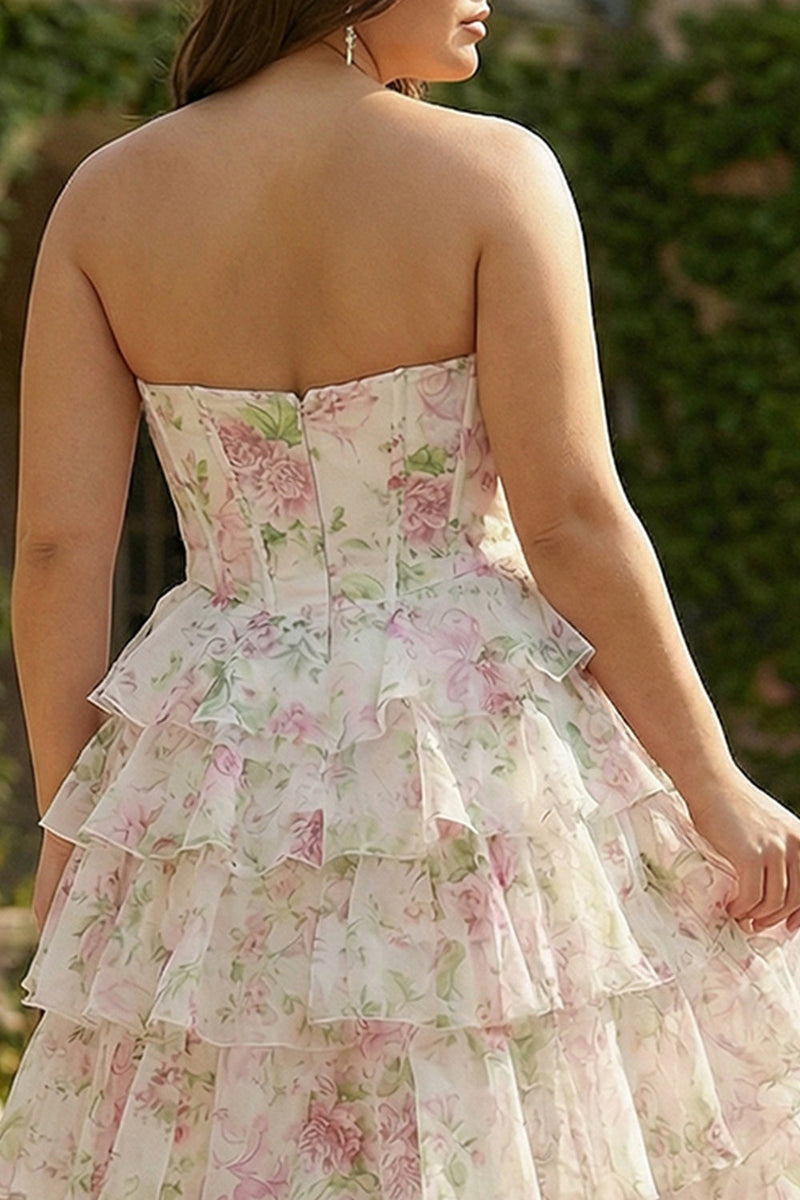 Laden Sie das Bild in den Galerie-Viewer, Rosa Blumen Herzausschnitt Korsett A-Linie Stufen Plus Size Langes Ballkleid mit Schlitz