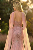 Laden Sie das Bild in den Galerie-Viewer, Herzausschnitt Blush Meerjungfrau Besticktes Langes Ballkleid mit Halsschal